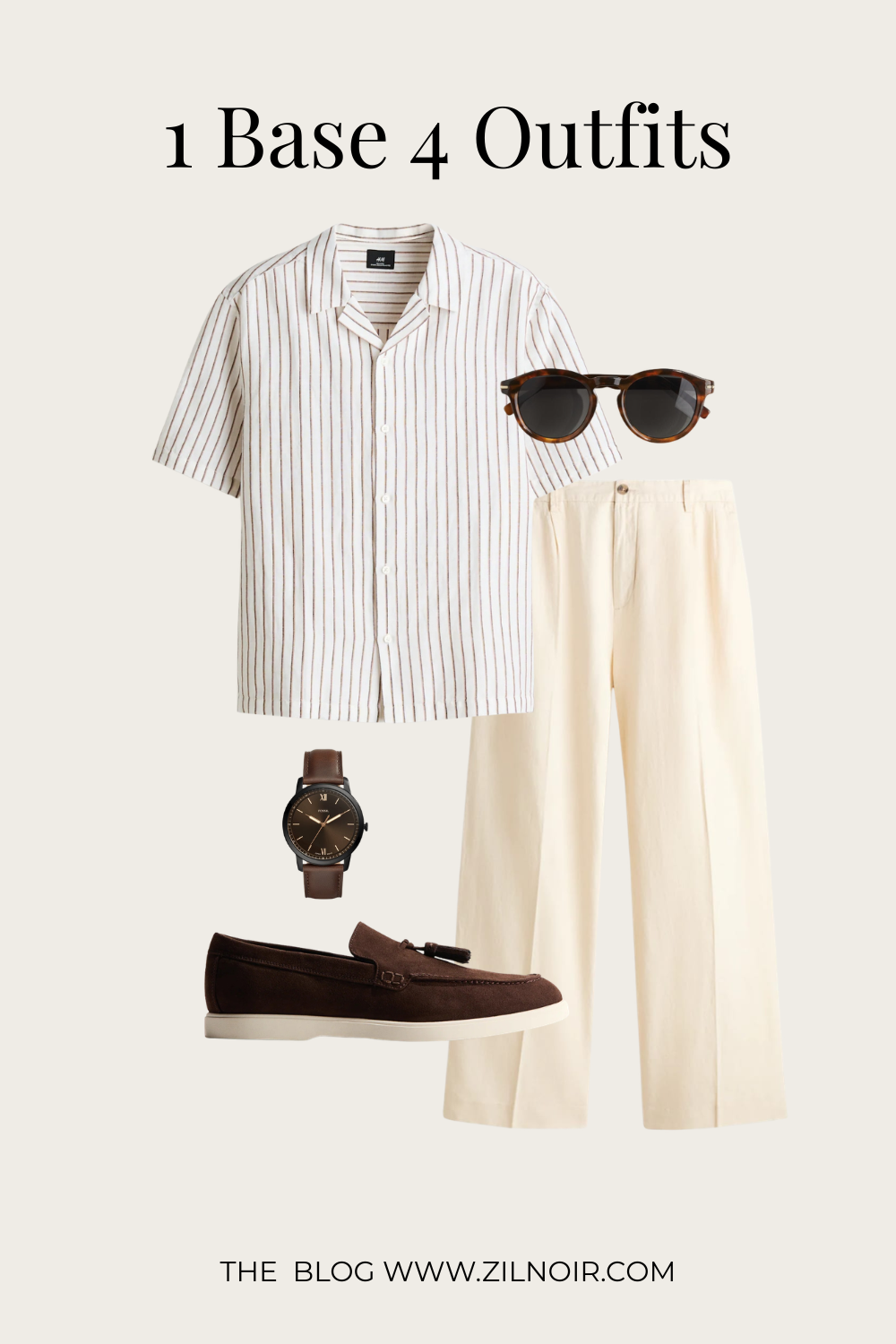 Light blue striped shirt + cream trousers