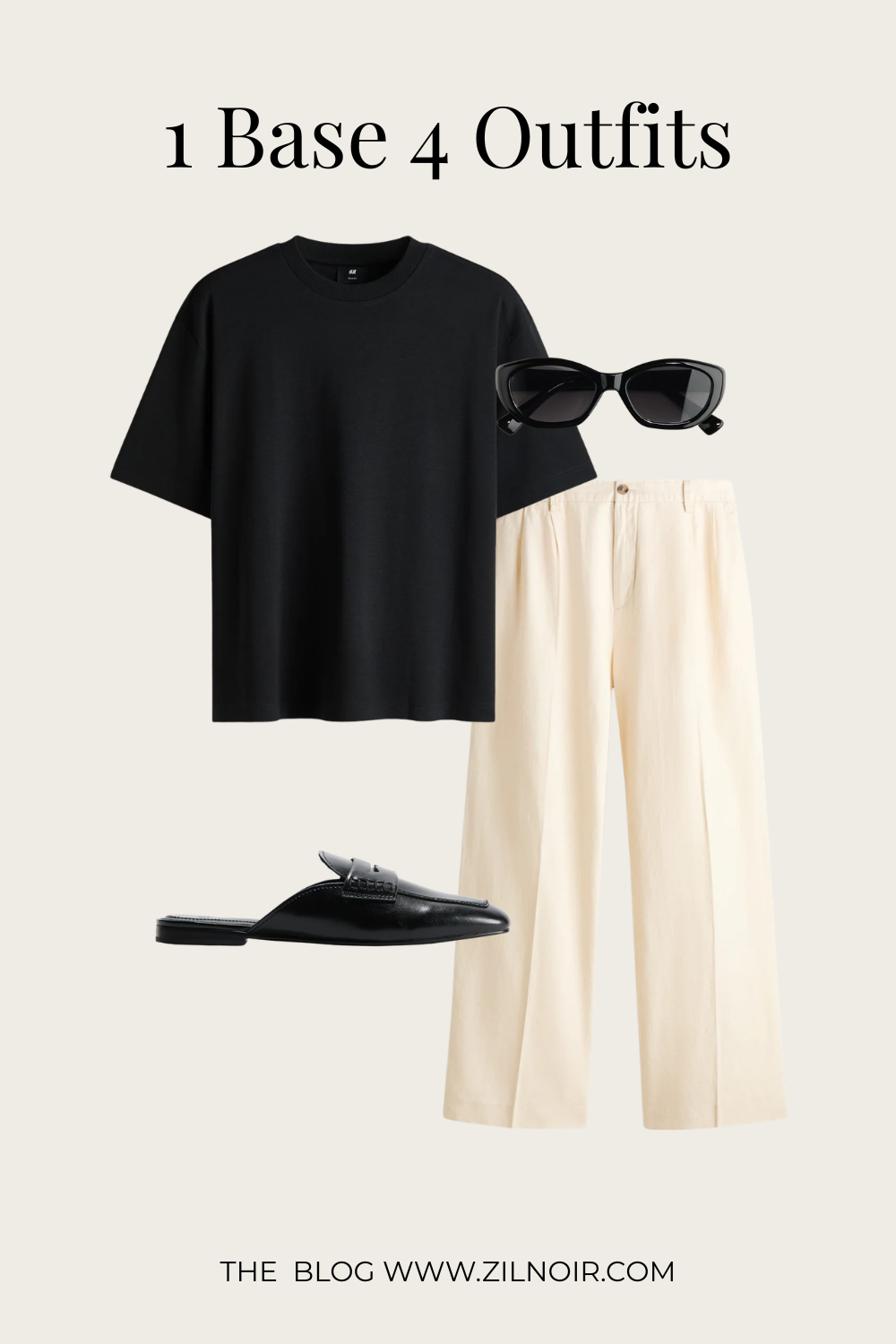 Black oversized tee + cream trousers