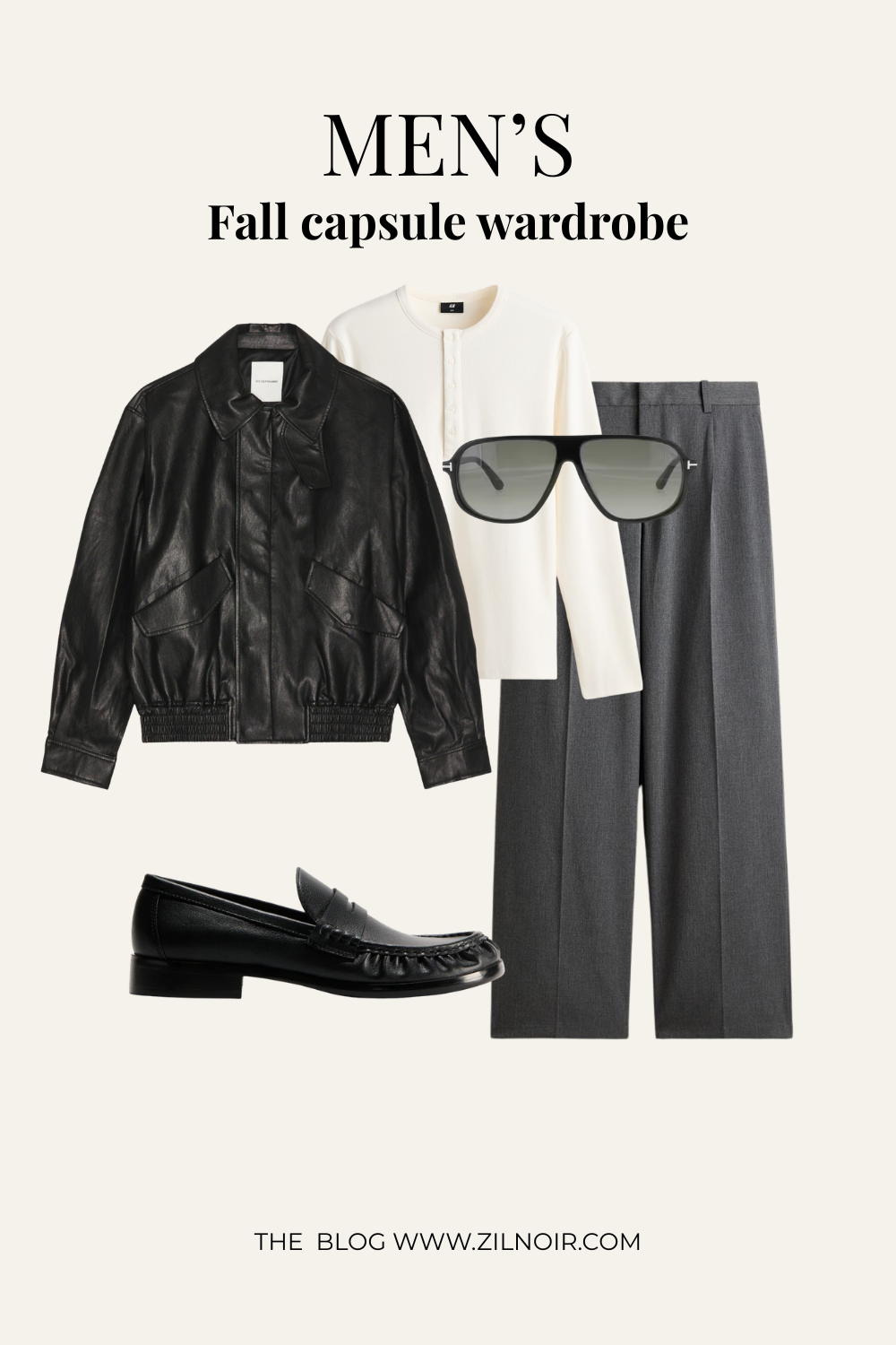 Henley + leather jacket + grey trousers