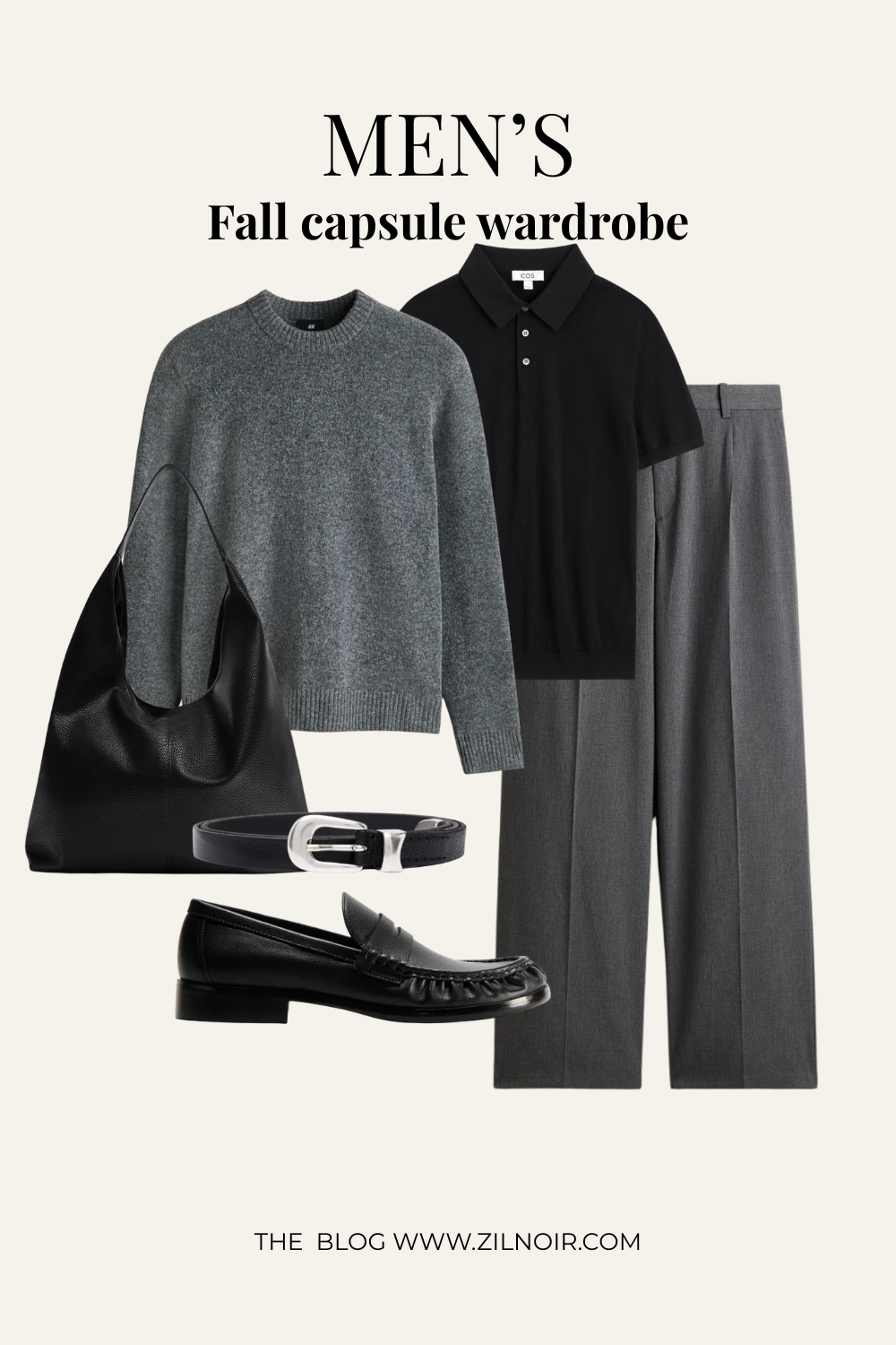 Knit polo + layered sweater + grey trousers