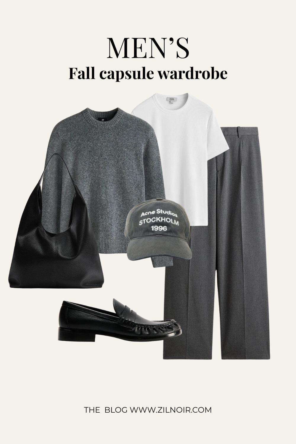 White tee + layered sweater + grey trousers