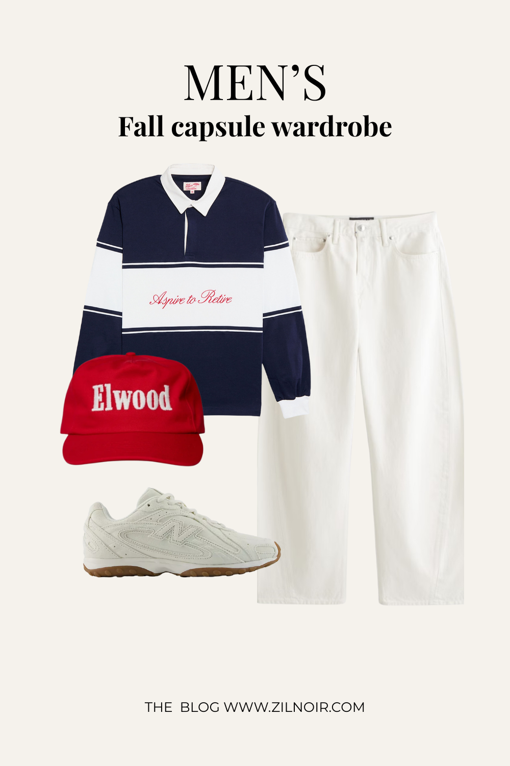 Rugby polo + white jeans + red cap