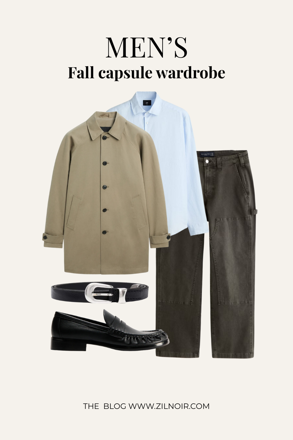 Shirt + trench coat + olive utility pants