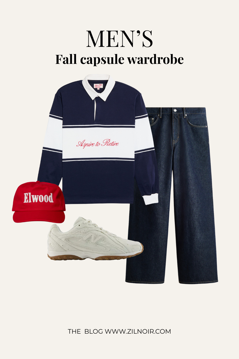 Rugby polo + dark jeans + red cap