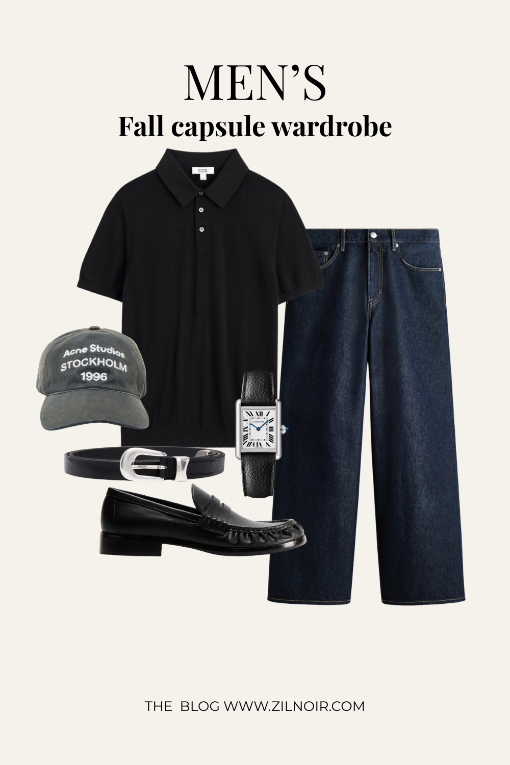 Knit polo + dark jeans + grey cap