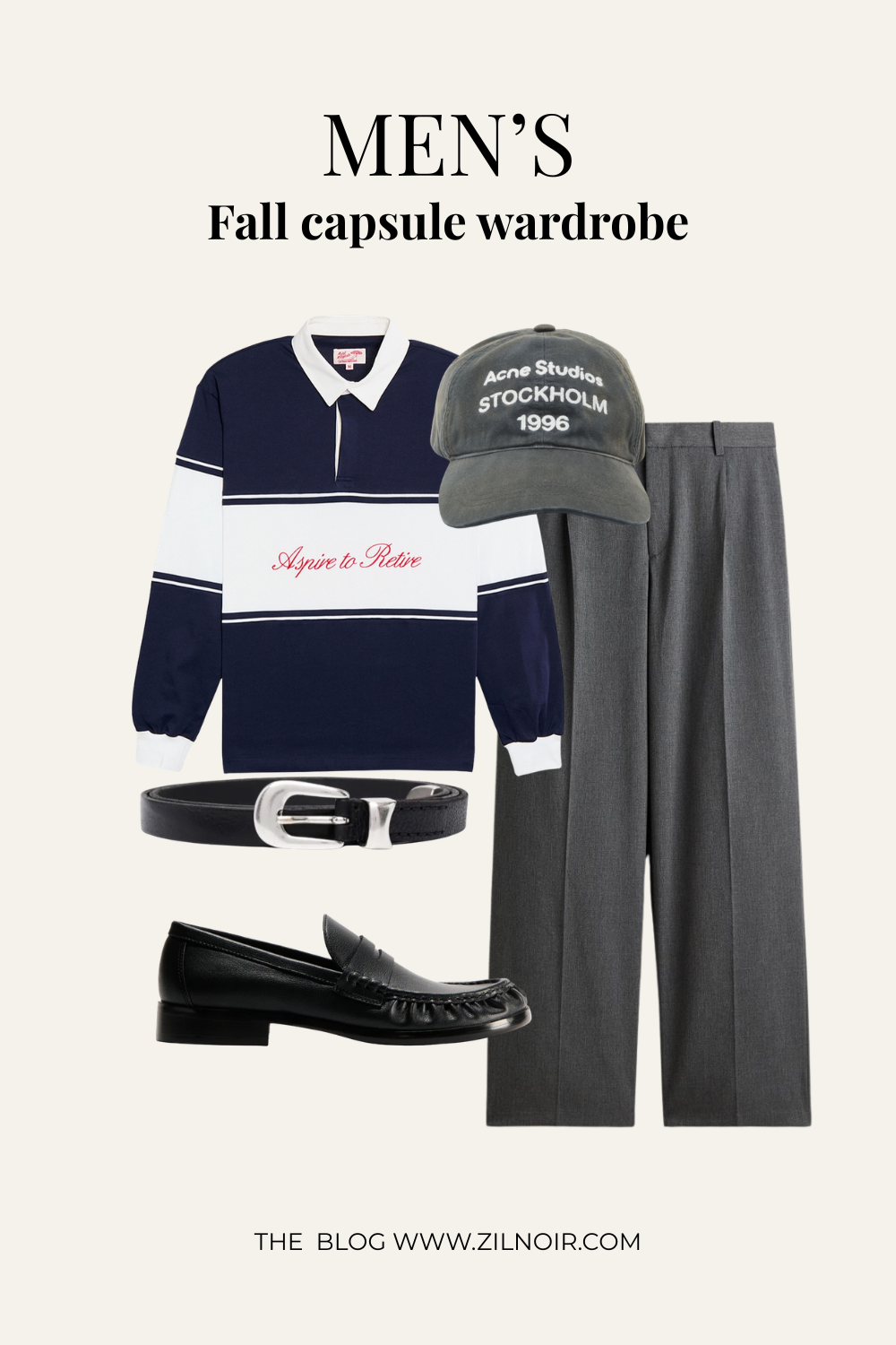 Rugby polo + grey trousers