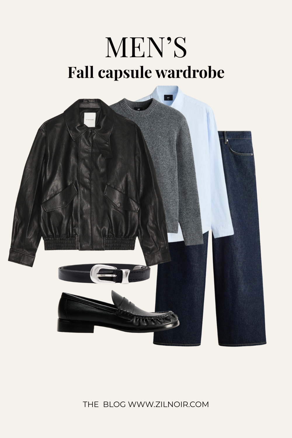 Leather jacket + layered sweater + shirt + dark jeans