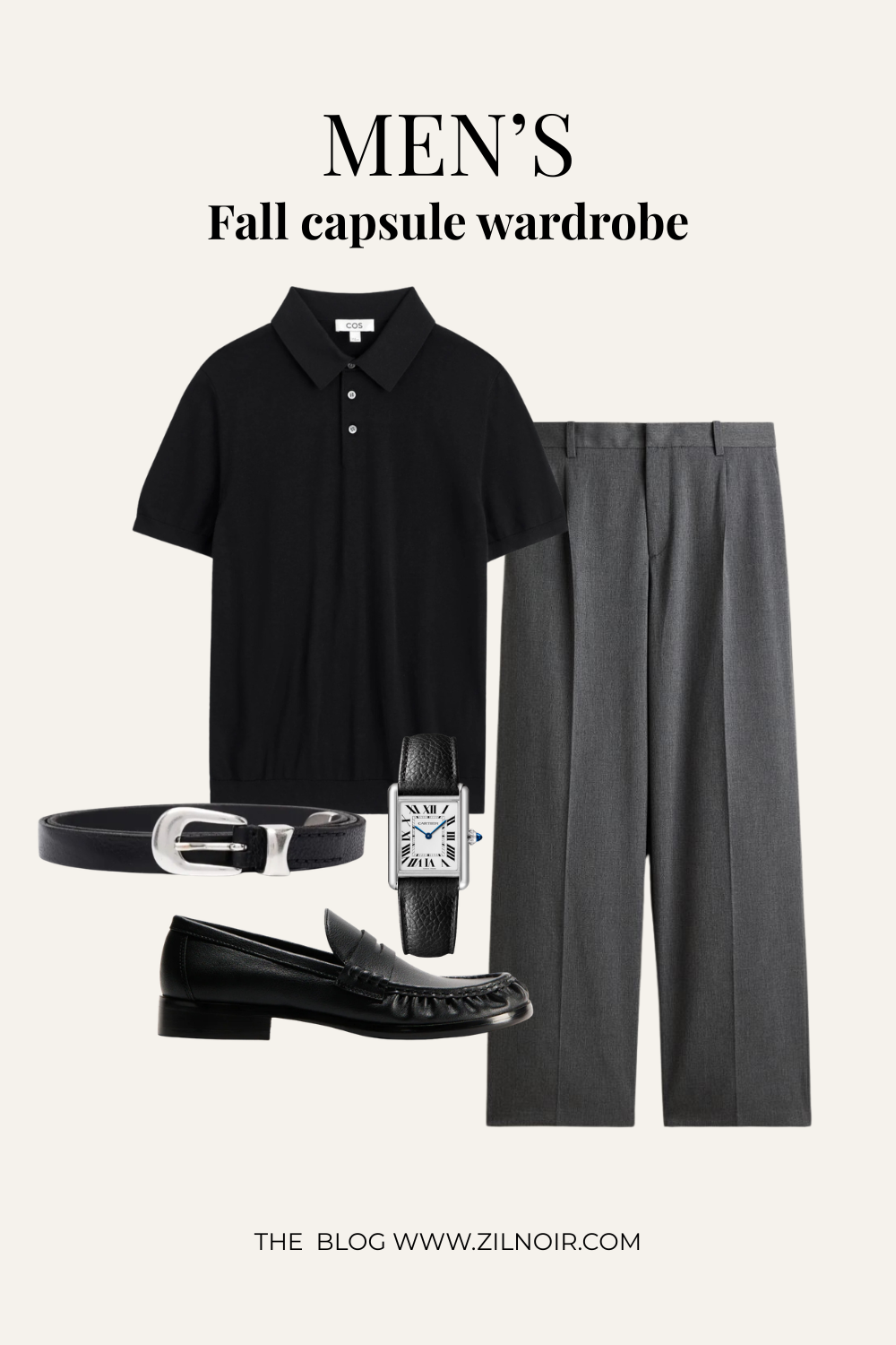 Black knit polo + grey trousers