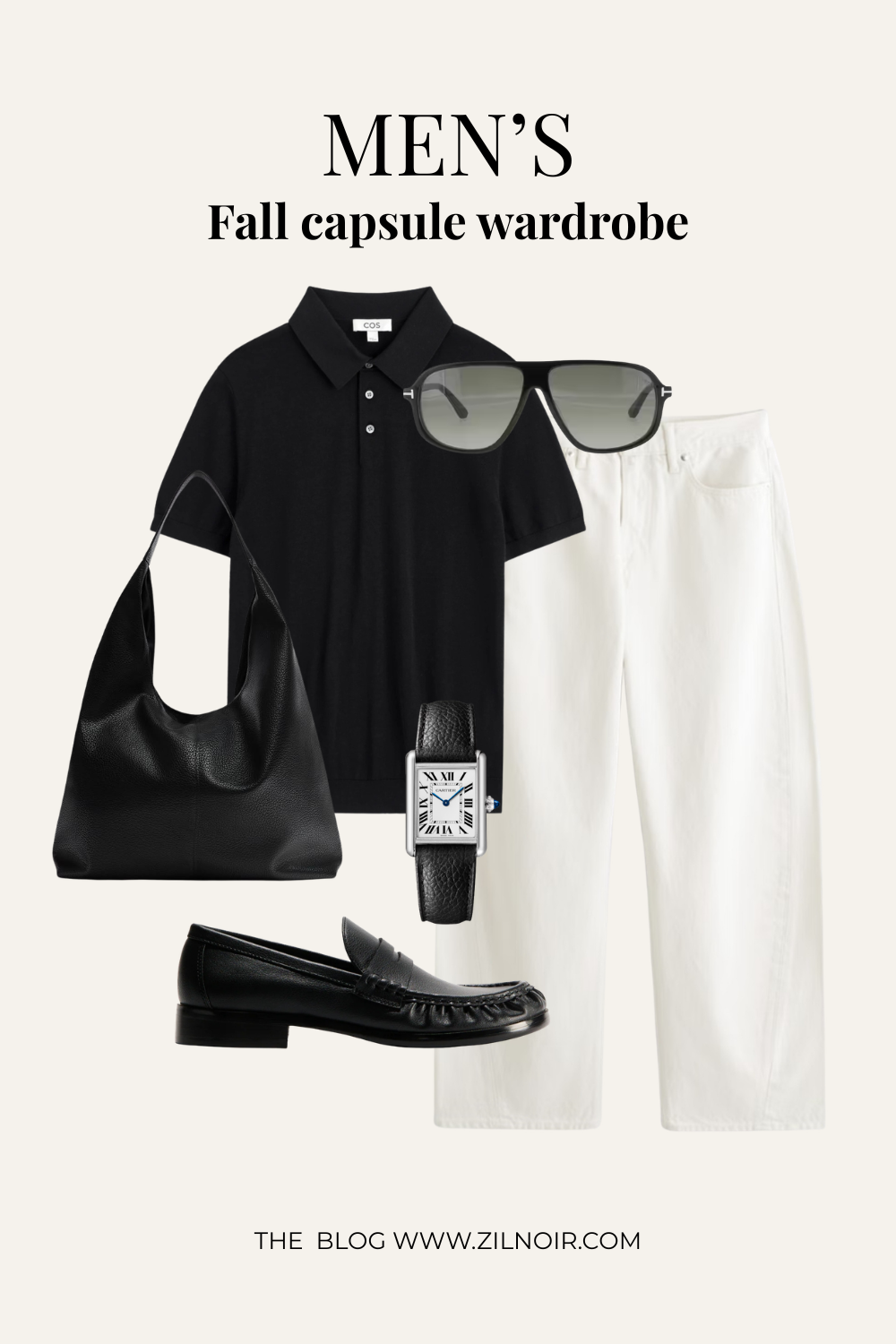 Black knit polo + white jeans