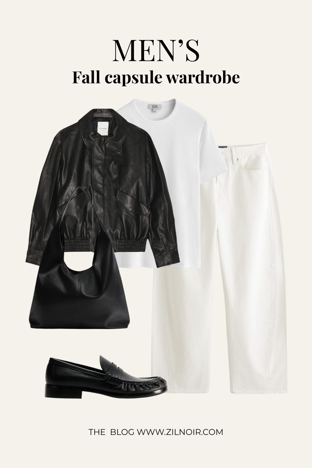 White tee + leather jacket + white jeans