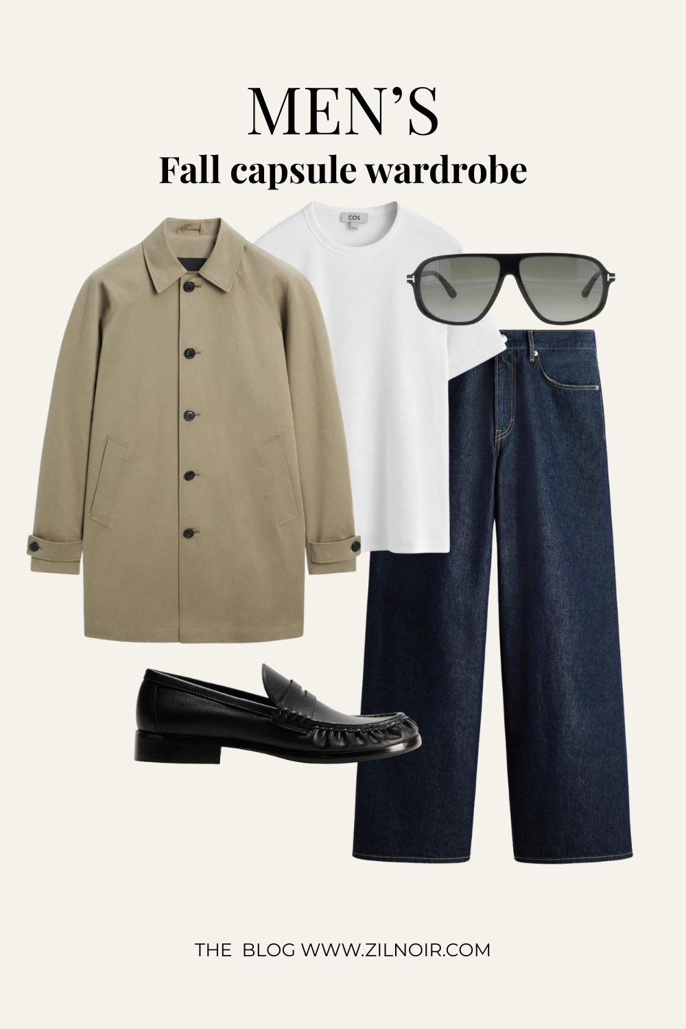 White tee + trench coat + dark jeans
