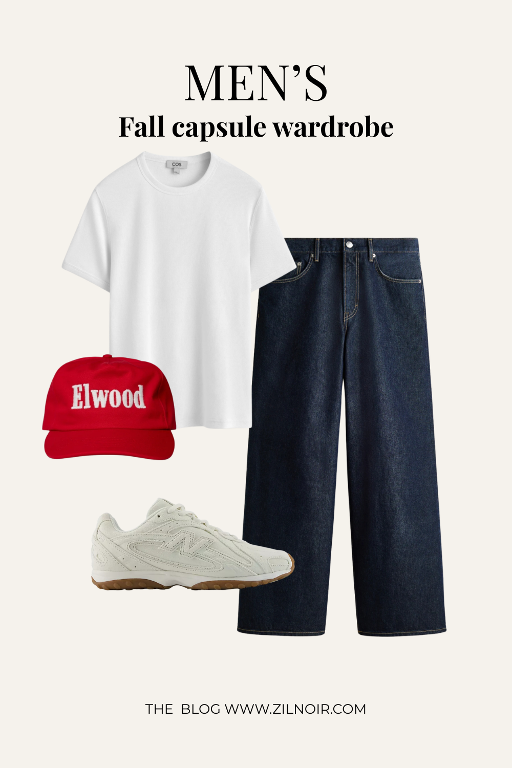 White tee + dark jeans + red cap
