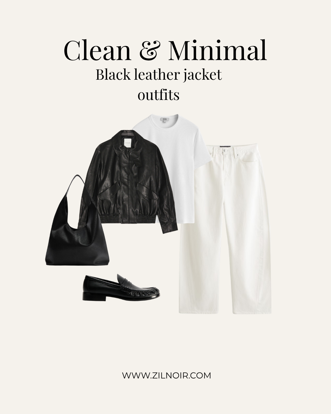 Men's black leather jacket outfit with white tee, white jeans, black tote bag and black loafers