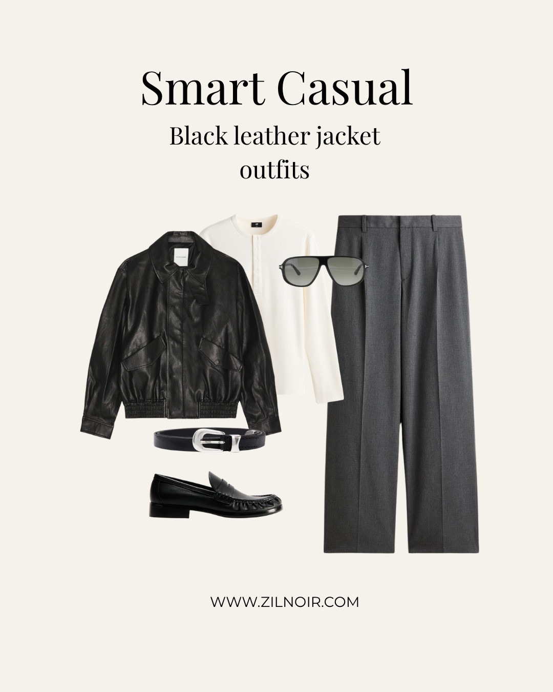 Black leather jacket outfit for men with grey wide-leg trousers, cream henley, black loafers, belt and sunglasses