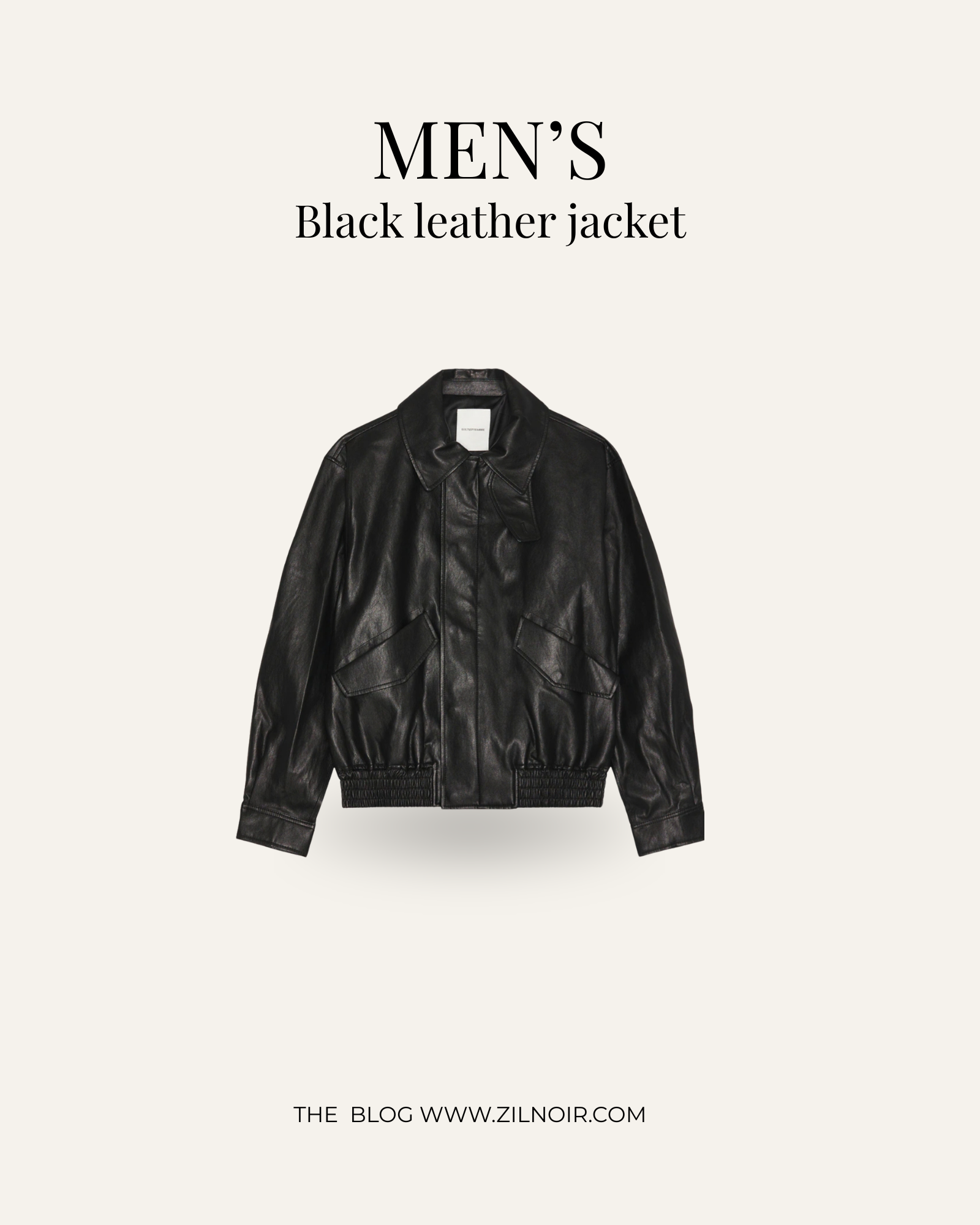 Men's black faux leather zip blouson jacket with flap pockets and ribbed hem
