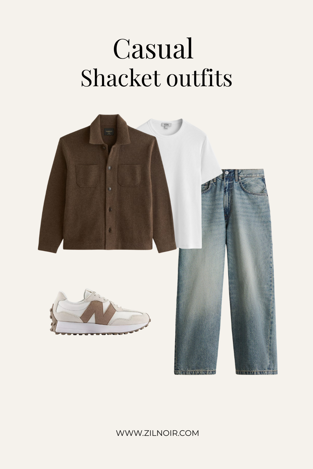 Brown merino shacket outfit for men with white tee, light wash baggy jeans and cream New Balance sneakers