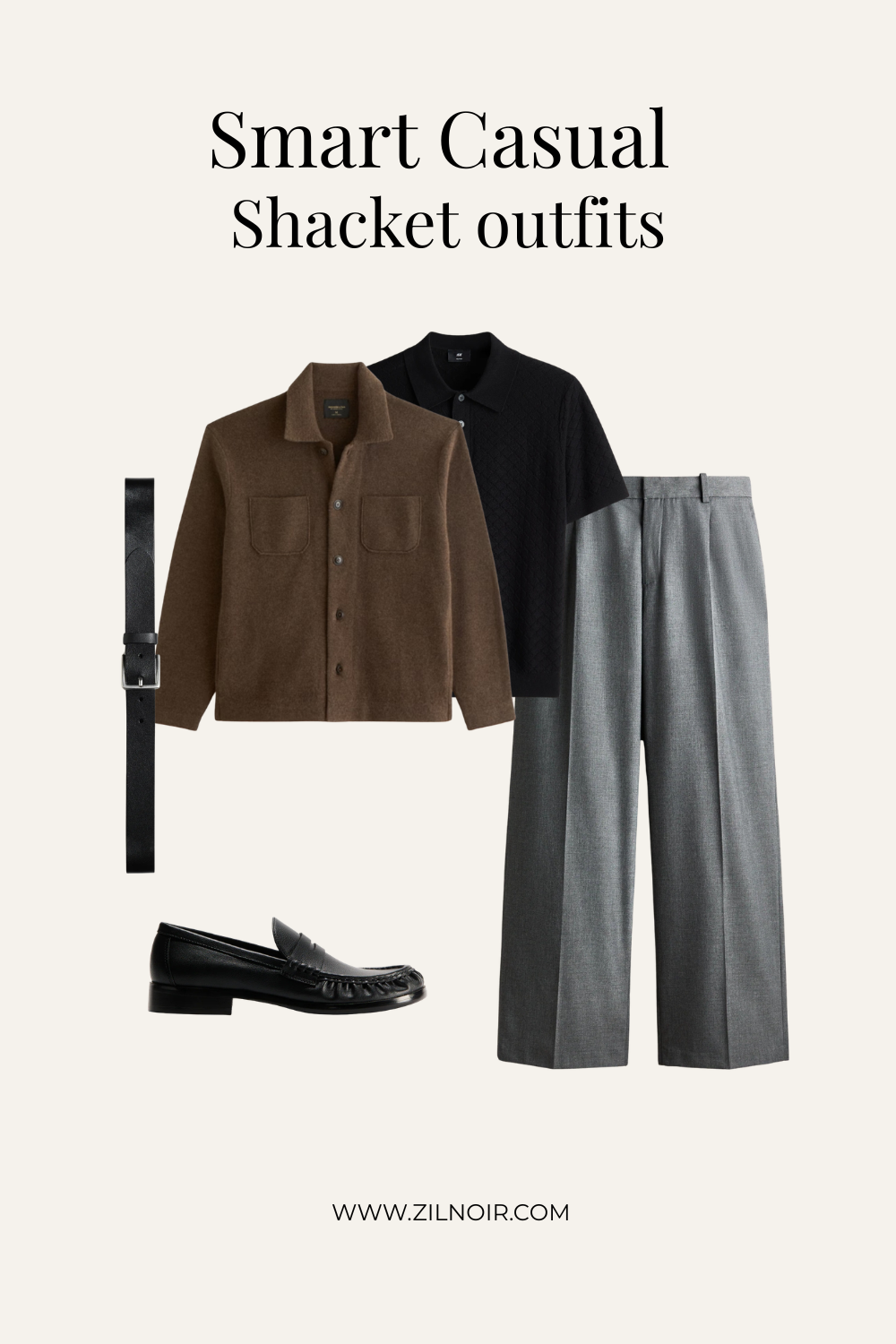 Brown merino shacket outfit for men with black knit polo, grey wide-leg trousers, black belt and black loafers
