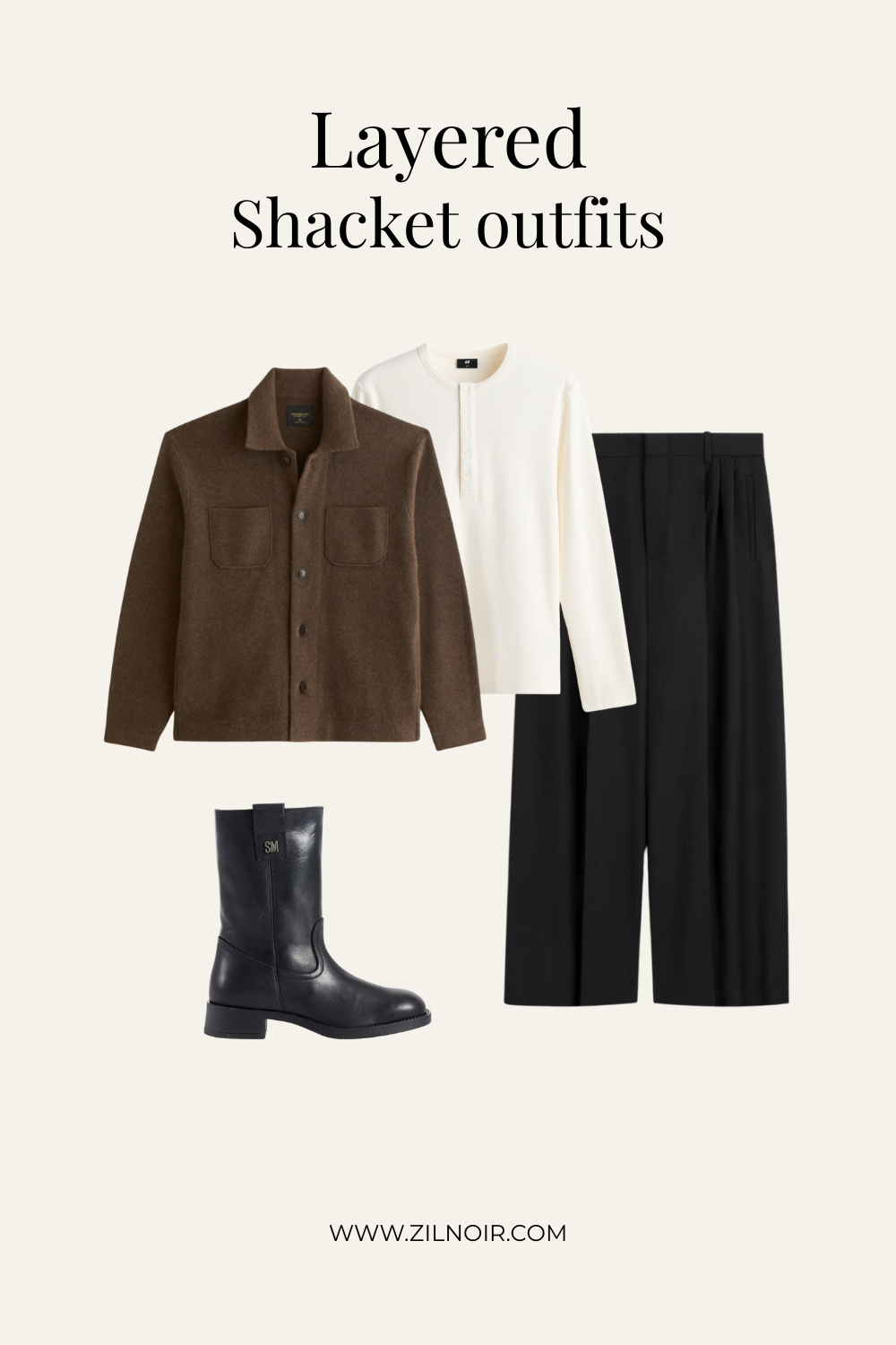 Brown merino shacket outfit for men with cream henley, black wide-leg trousers and black leather boots
