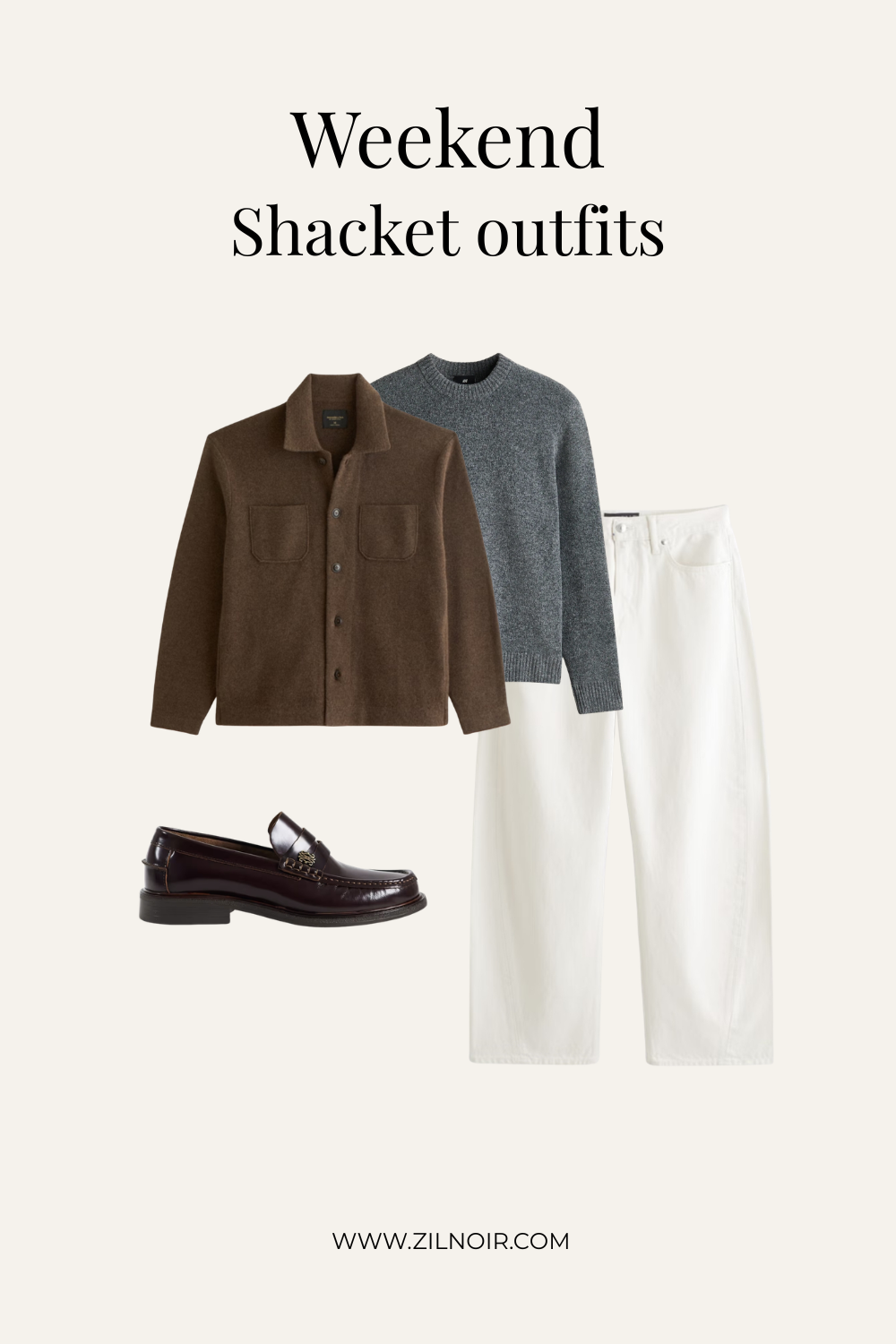 Brown merino shacket outfit for men with grey knit sweater, white wide-leg jeans and dark brown penny loafers