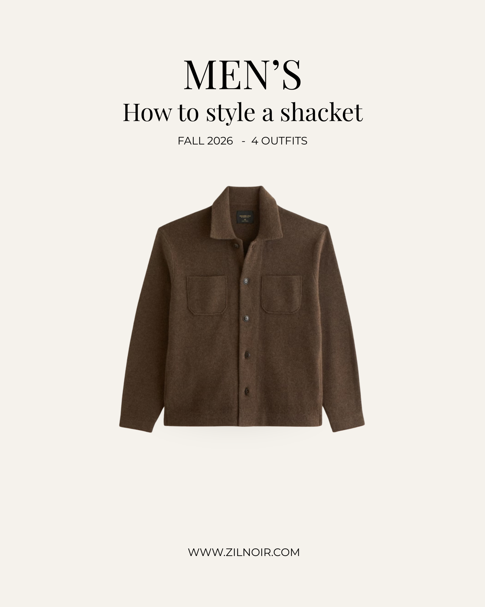 Men's brown merino wool shirt jacket with two chest pockets and button front